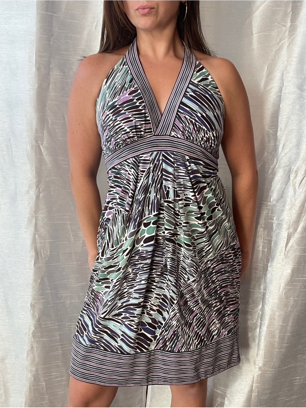 BCBGMaxAzria Dress Women's Medium Abstract Halter Midi Boho Fairycore Y2K - Picture 1 of 12
